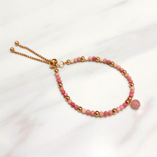 迷你紅紋石小珠配草莓晶手串款伸縮手鏈 - Oxygen Jewelry