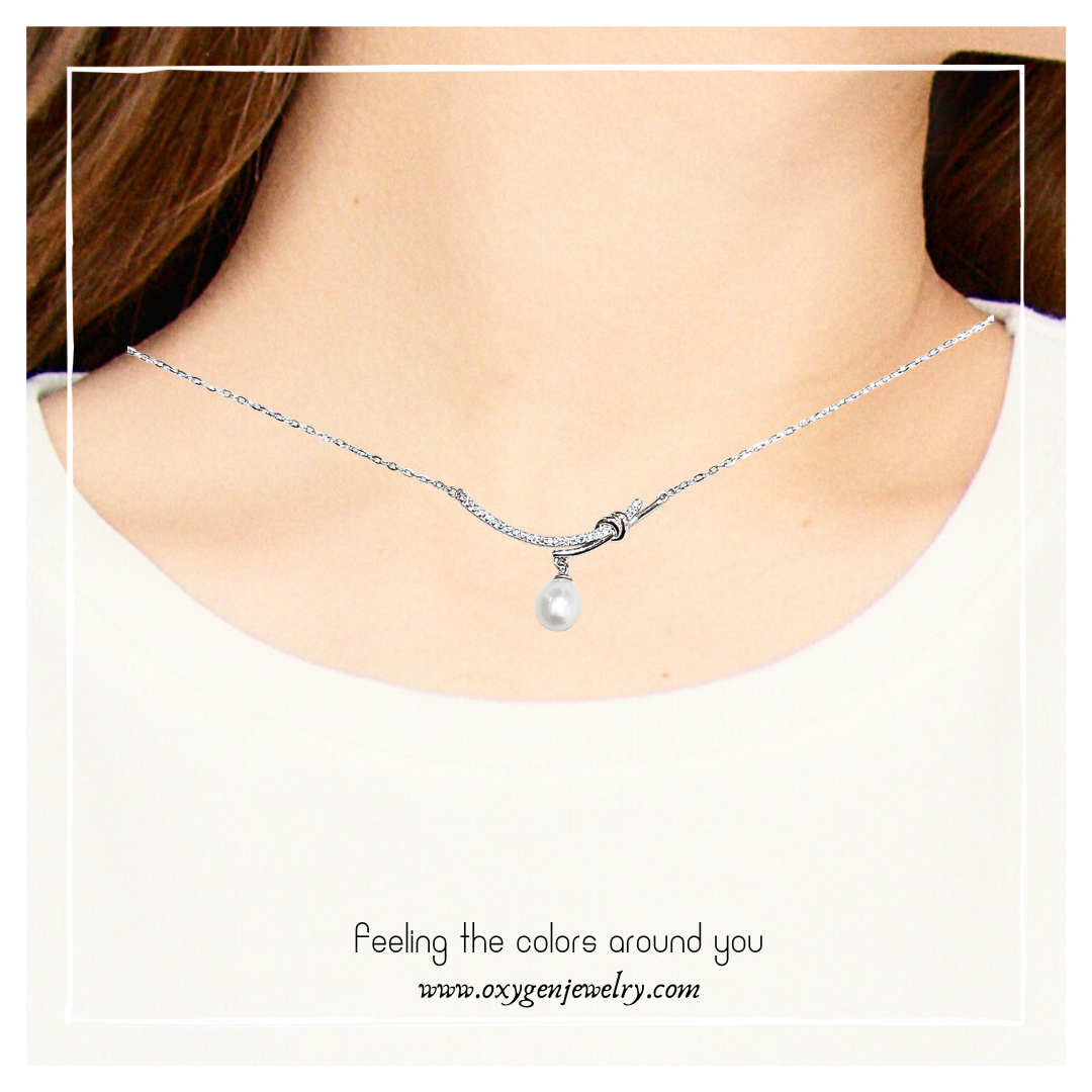 淡水珍珠鋯石線條打結款項鏈