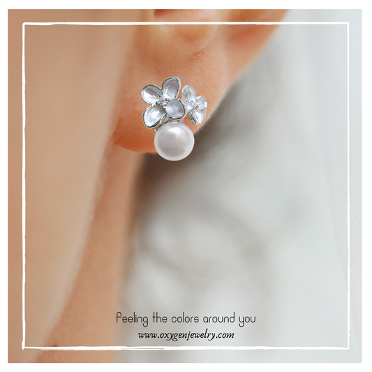 淡水珍珠大小花琺瑯款耳釘