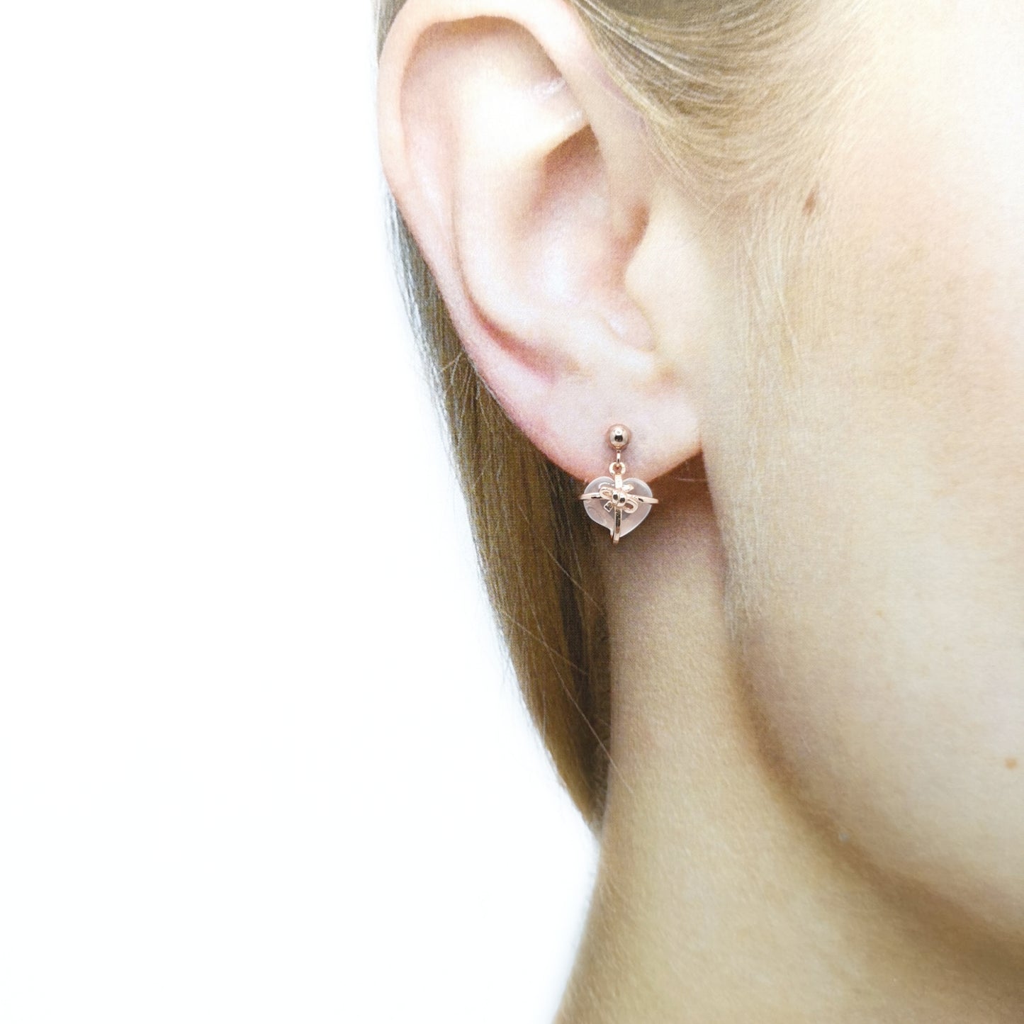 心形粉晶蝴蝶結耳環