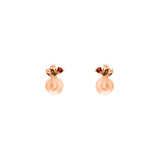 Three-dimensional rose quartz rose and garnet stud earrings