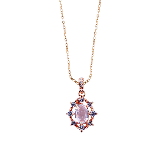 Oval rose quartz and round zirconia necklace
