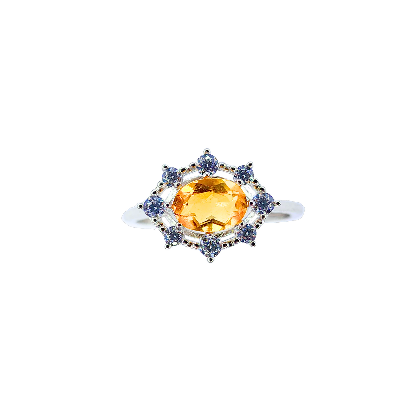 橢圓黃水晶配圓鋯石戒指