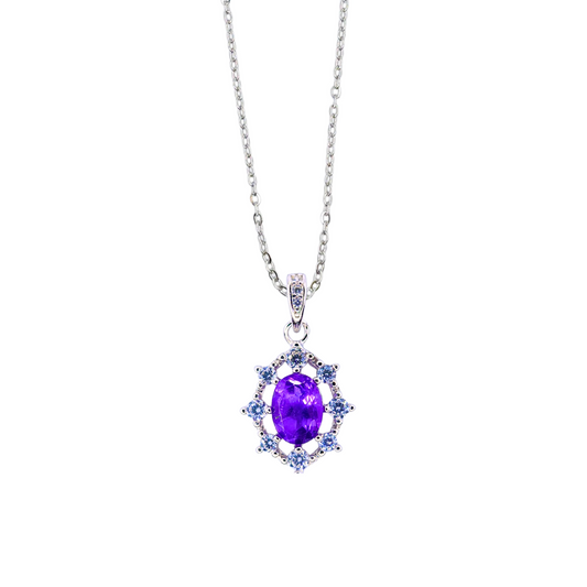橢圓紫晶配圓鋯石項鏈