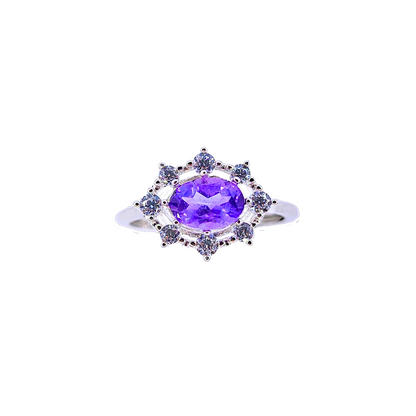 橢圓紫晶配圓鋯石戒指