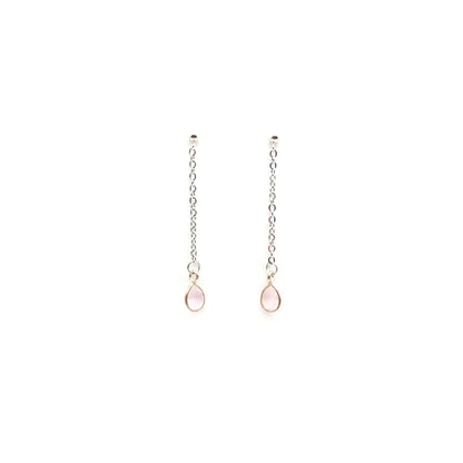 Mini Pear Bezel-Set Rose Quartz Long Earrings in Sterling Silver