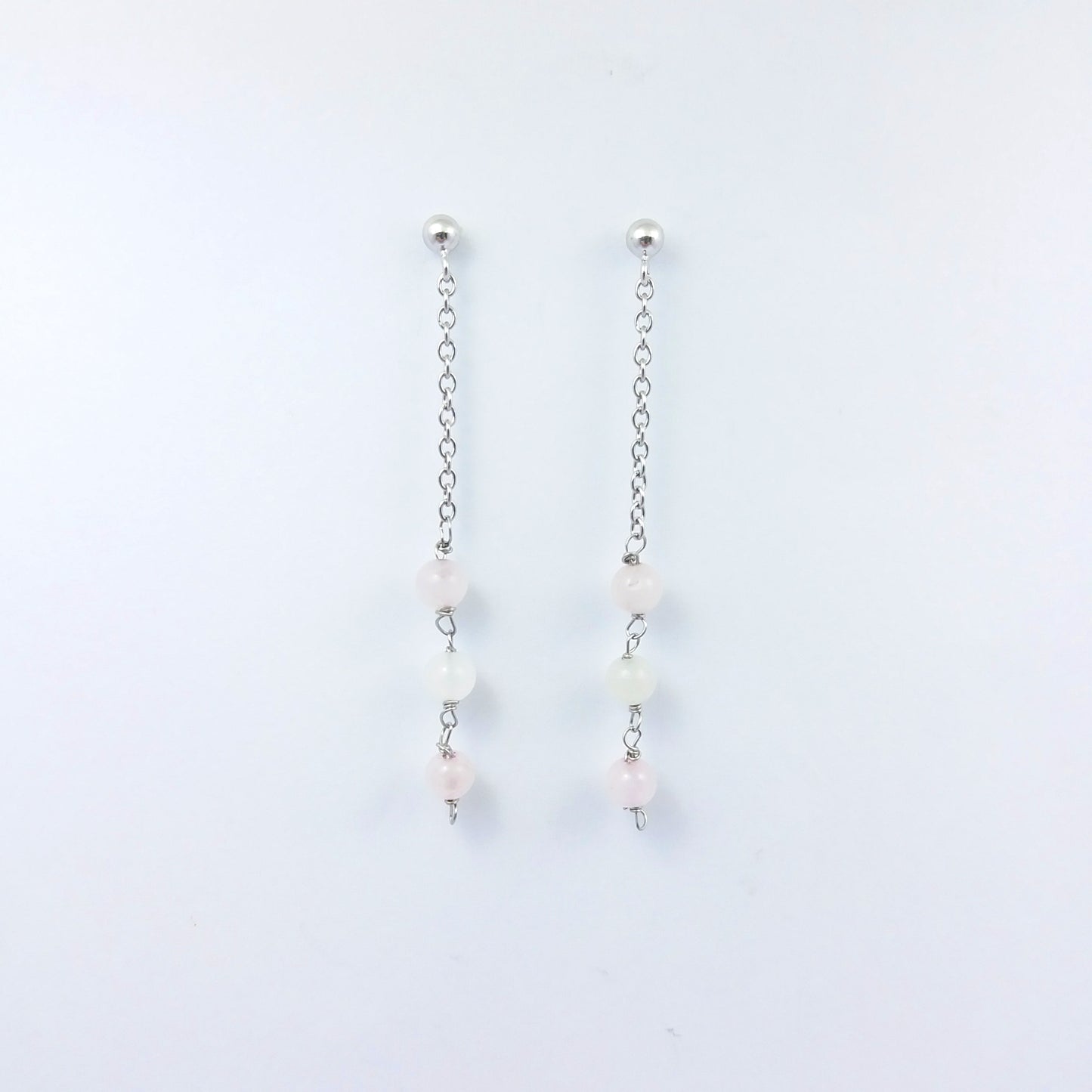 Mini Rose Quartz and White Marble Long Earrings in Sterling Silver