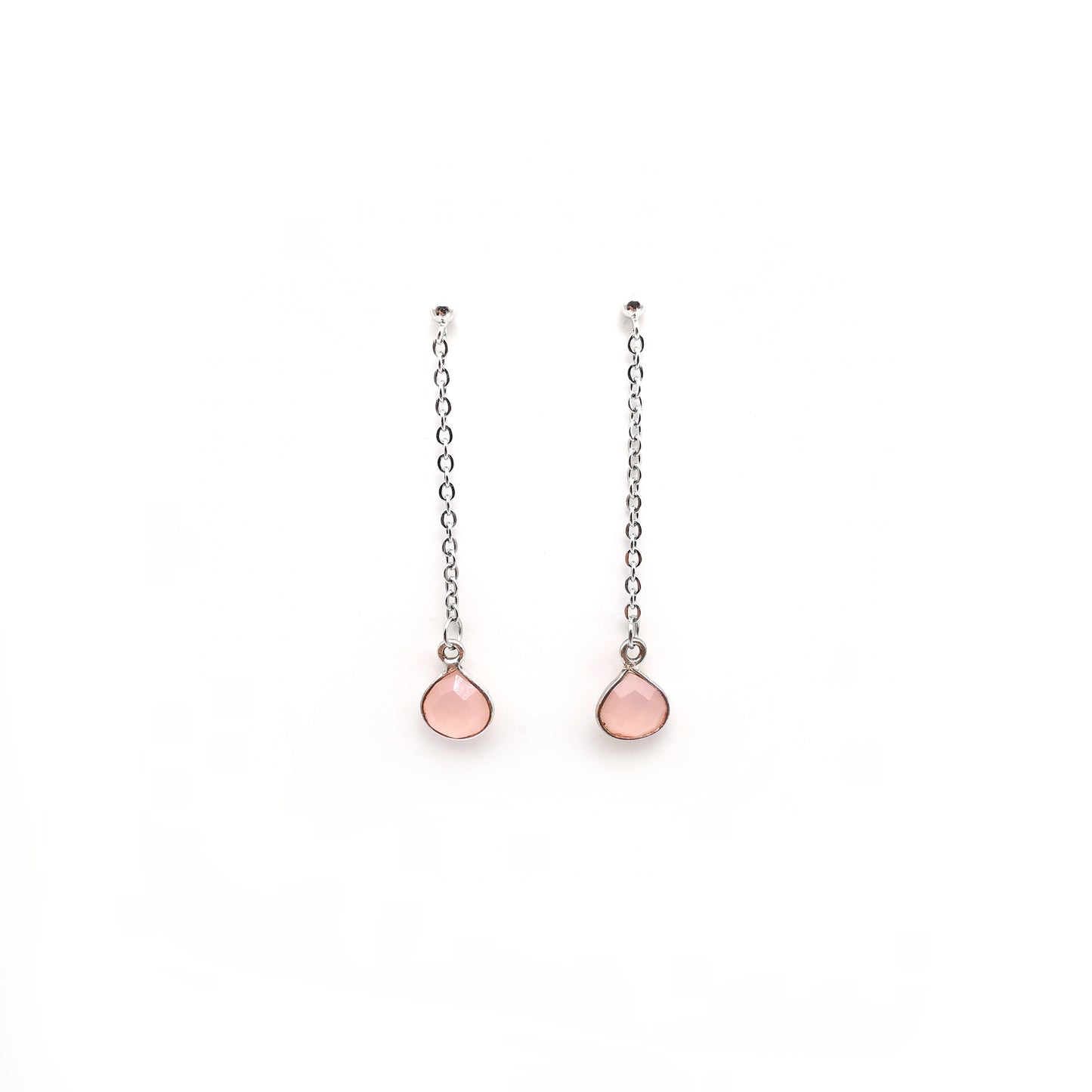 Pear Bezel Set Pink Chalcedony Long Earrings in Sterling Silver