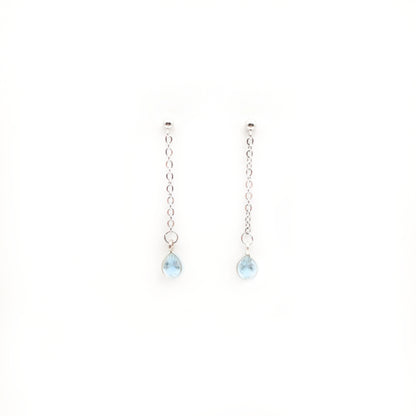 Mini Pear Bezel Set Sky Blue Topaz Long Earrings in Sterling Silver