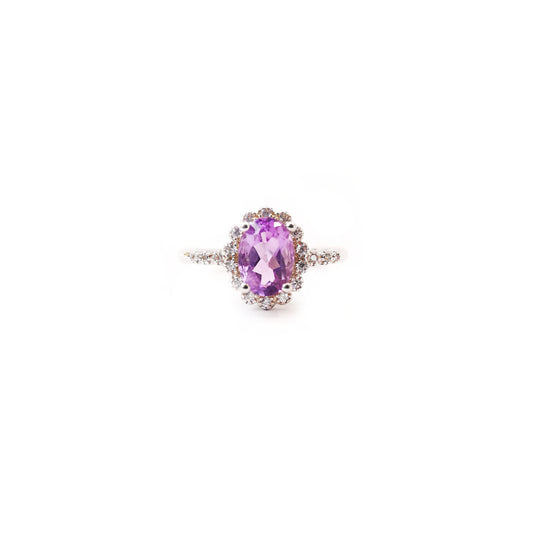 橢圓形紫晶純銀開口戒指