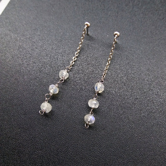 Mini Moonstone Long Sterling Silver Earrings