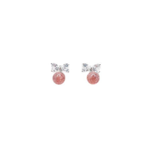 Bow Zirconia Round Wave Strawberry Crystal Stud Earrings