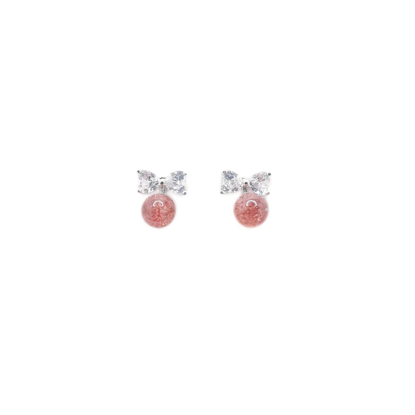 蝴蝶結鋯石圓波草莓晶耳釘